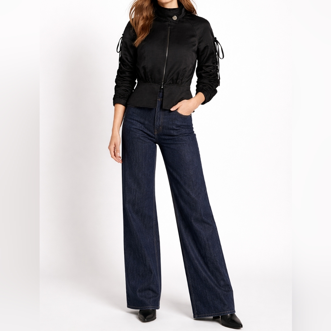 Lewit Zip Front Linen Blend Peplum Jacket | Small | Black | Contemporary Luxury